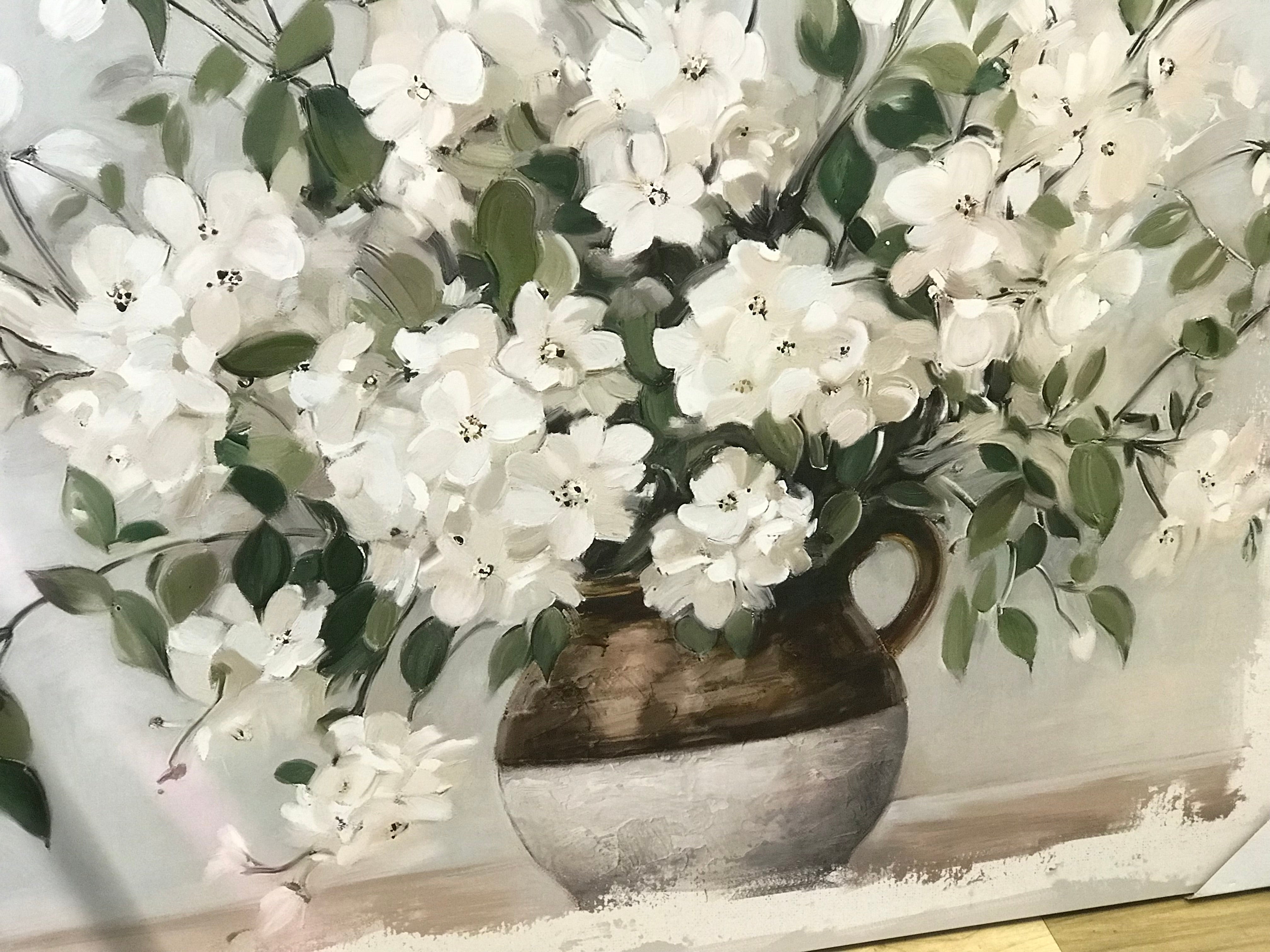 White Wildflowers Bouquet Canvas Print 150x120cm Decorative Wall Art in Two Tone Vase