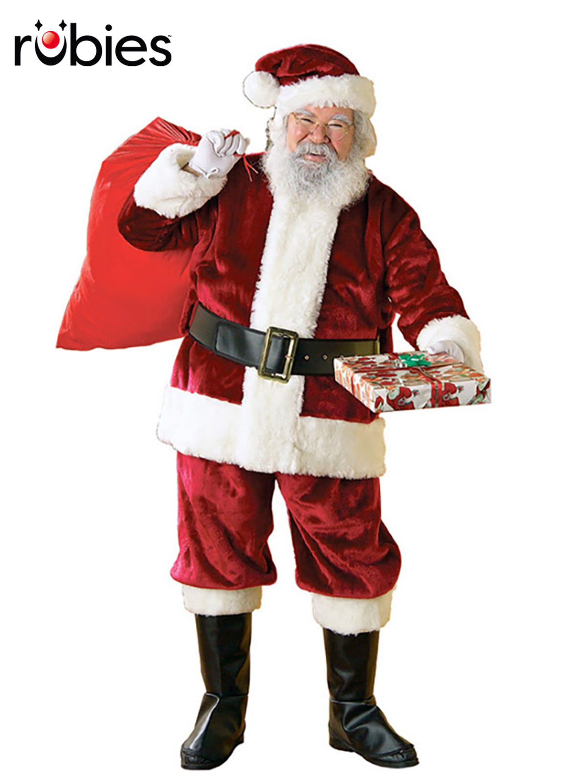 Deluxe Santa Claus Costume with Velvet Jacket, Belt, Boot Tops and Hat - Red Colour