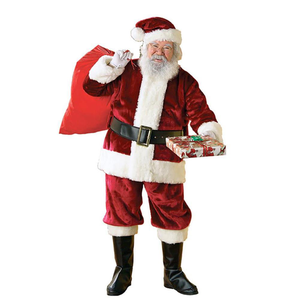 Deluxe Santa Claus Costume with Velvet Jacket, Belt, Boot Tops and Hat - Red Colour