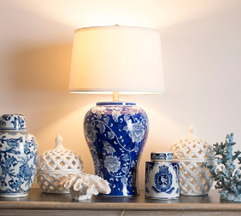 Trellis Table Lamp 68cm Ceramic Base Leaf Pattern White Shade for Home