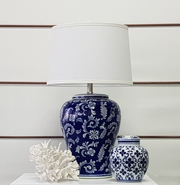 Blossom Blue and White Ceramic Table Lamp 68cm with White Tapered Shade Elegant Accent