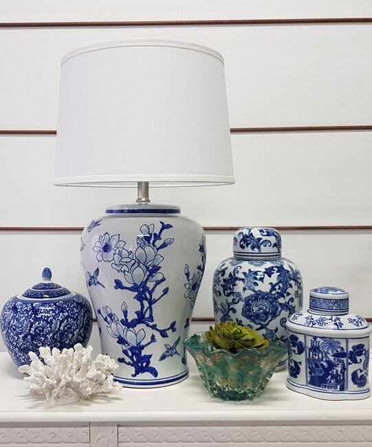 Jonquil Blue and White Ceramic Table Lamp 71cm with White Tapered Shade Elegant Accent