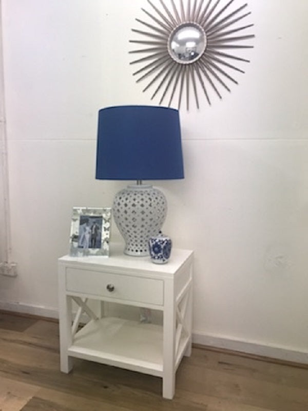 Lattice Table Lamp 75cm White Ceramic Base Blue Tapered Shade for Living Room or Bedroom