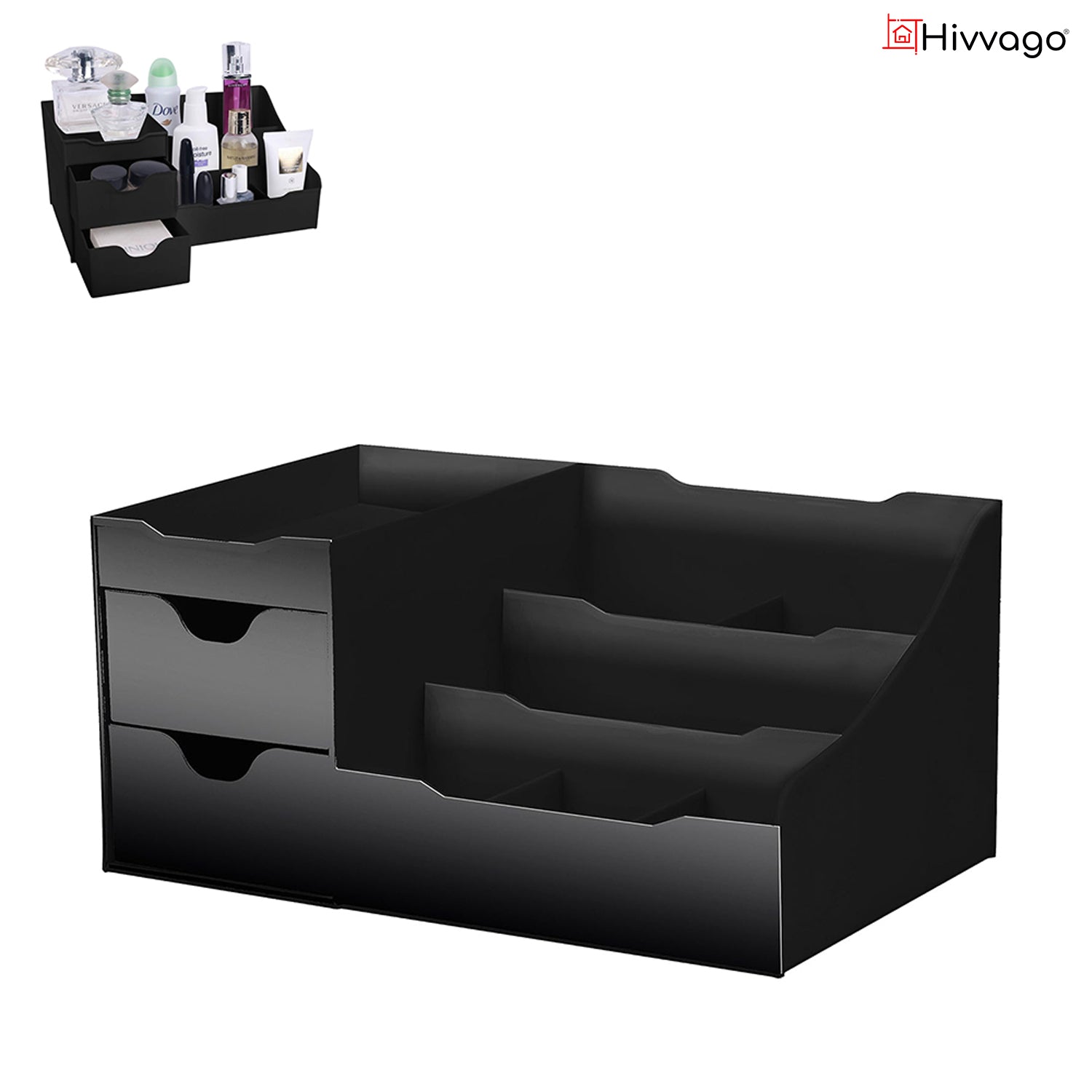 Hivvago Large Vanity Organizer – Black Multi-Compartment Makeup & Desk Storage