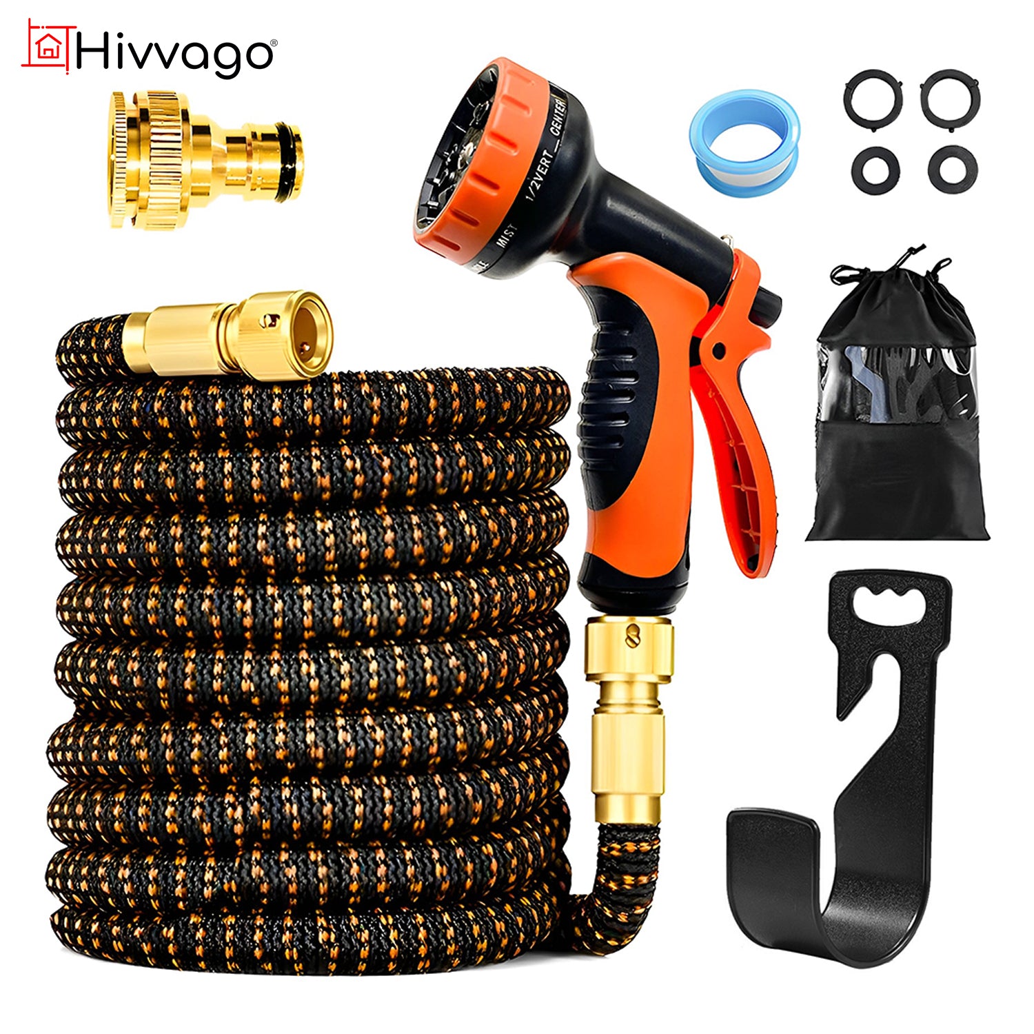 Hivvago Expandable Garden Hose – 10-Function Nozzle, Hanger, Bag, 7.5m or 15m