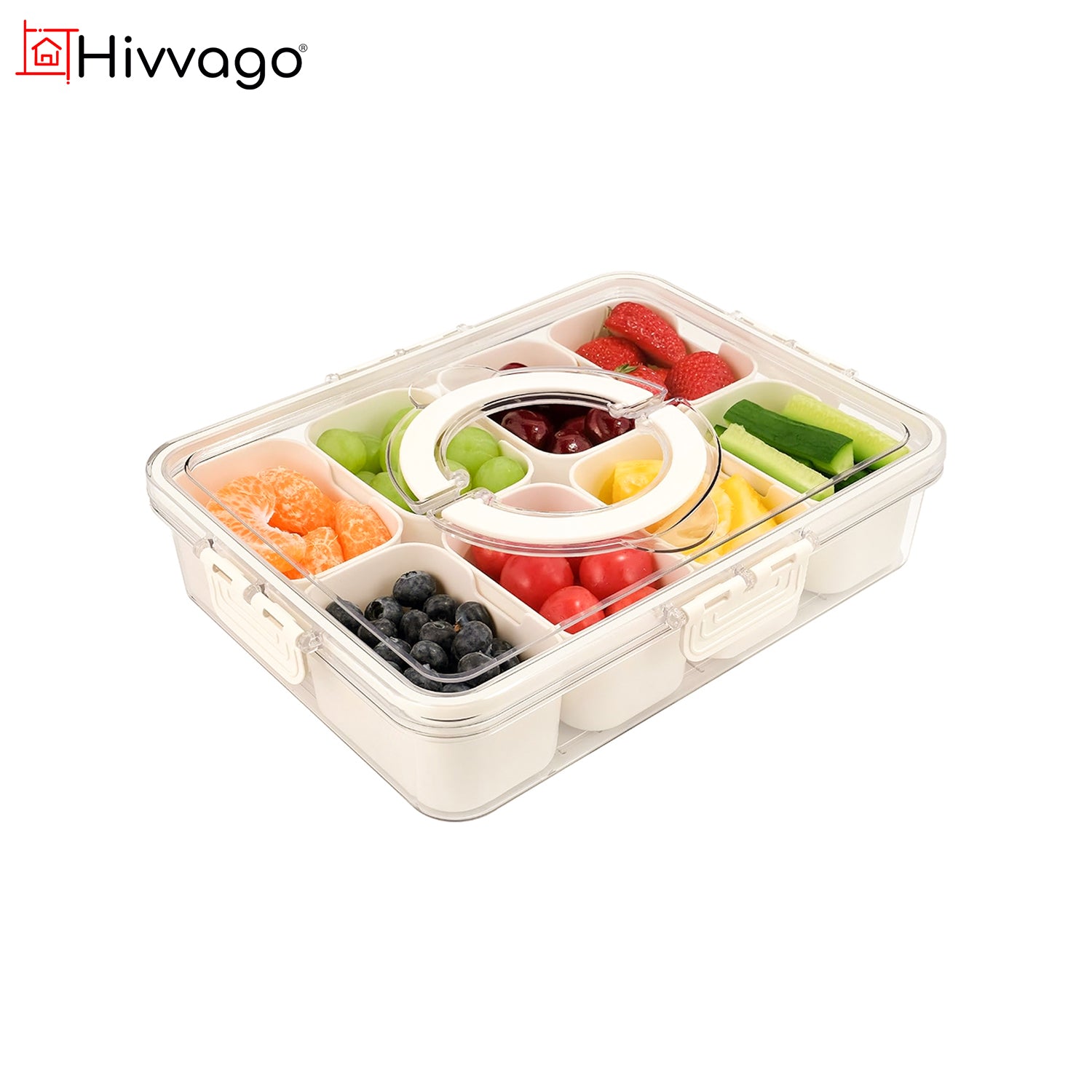 Hivvago Divided Snack Tray – 8-Compartment with Lid & Handle, Cream White