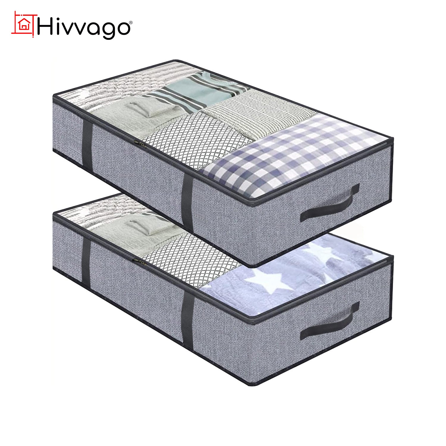 Hivvago Under Bed Storage Bags – 2-Pack Foldable Organisers with Zipper, Grey