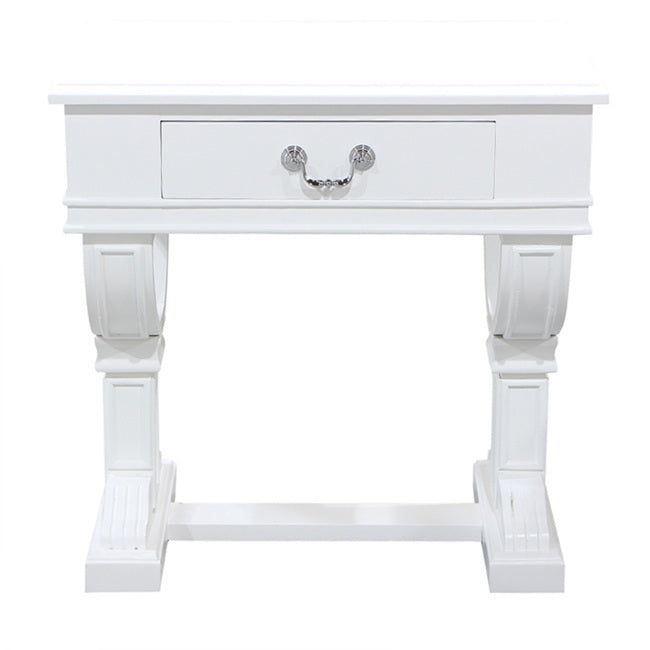 Curtis Decorator Bedside Table White Reclaimed Timber Satin Finish Curved Legs