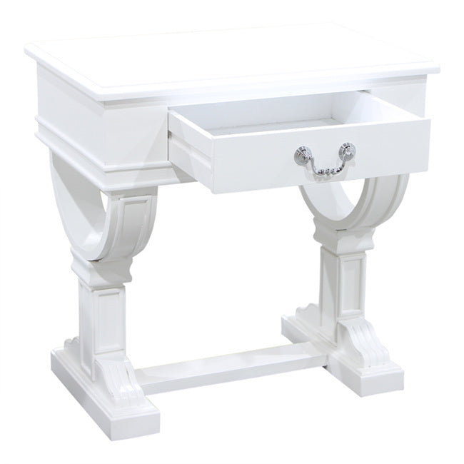 Curtis Decorator Bedside Table White Reclaimed Timber Satin Finish Curved Legs
