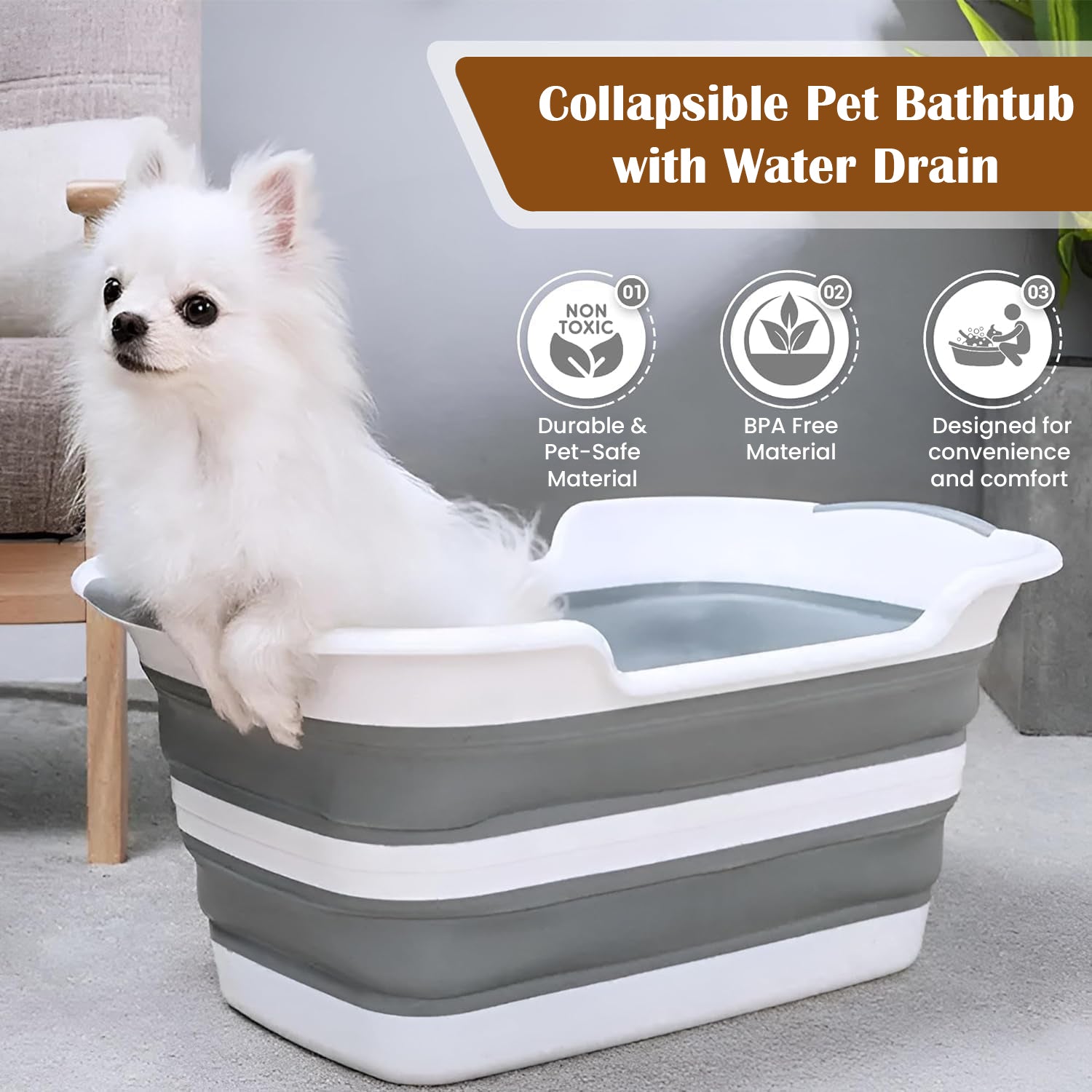 PupLily Collapsible Pet Bathtub – Foldable Wash Tub with Drain, 60.5×38×28cm