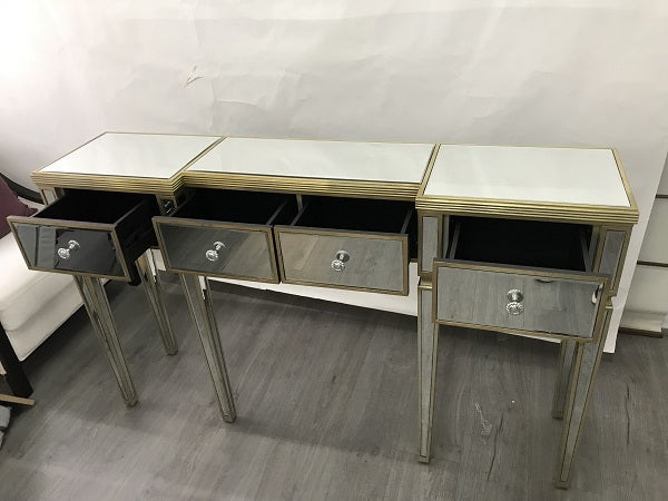 Mirrored Console Antiqued Ribbed 4 Drawer Hollywood Glam Art Deco Home Accent