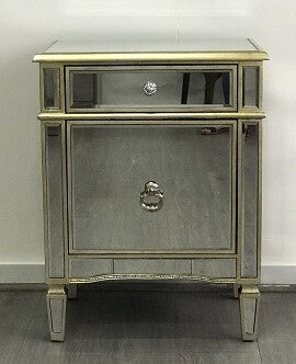 Mirrored Bedside Cabinet 1 Drawer 1 Door Antique Gold Leaf Hollywood Style