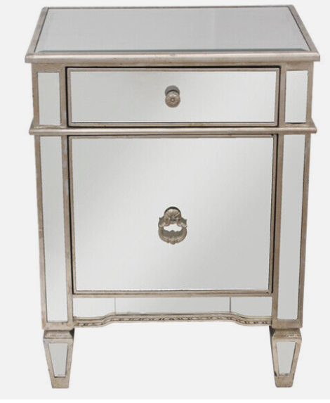 Mirrored Bedside Cabinet 1 Drawer 1 Door Antique Champagne Trim