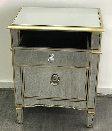 Mirrored Bedside Cabinet 1 Drawer 1 Door Antique Gold Leaf Hollywood Style