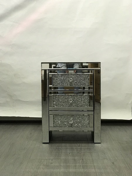 Mirrored 3 Drawer Bedside Table with Crystal Fragment Drawers