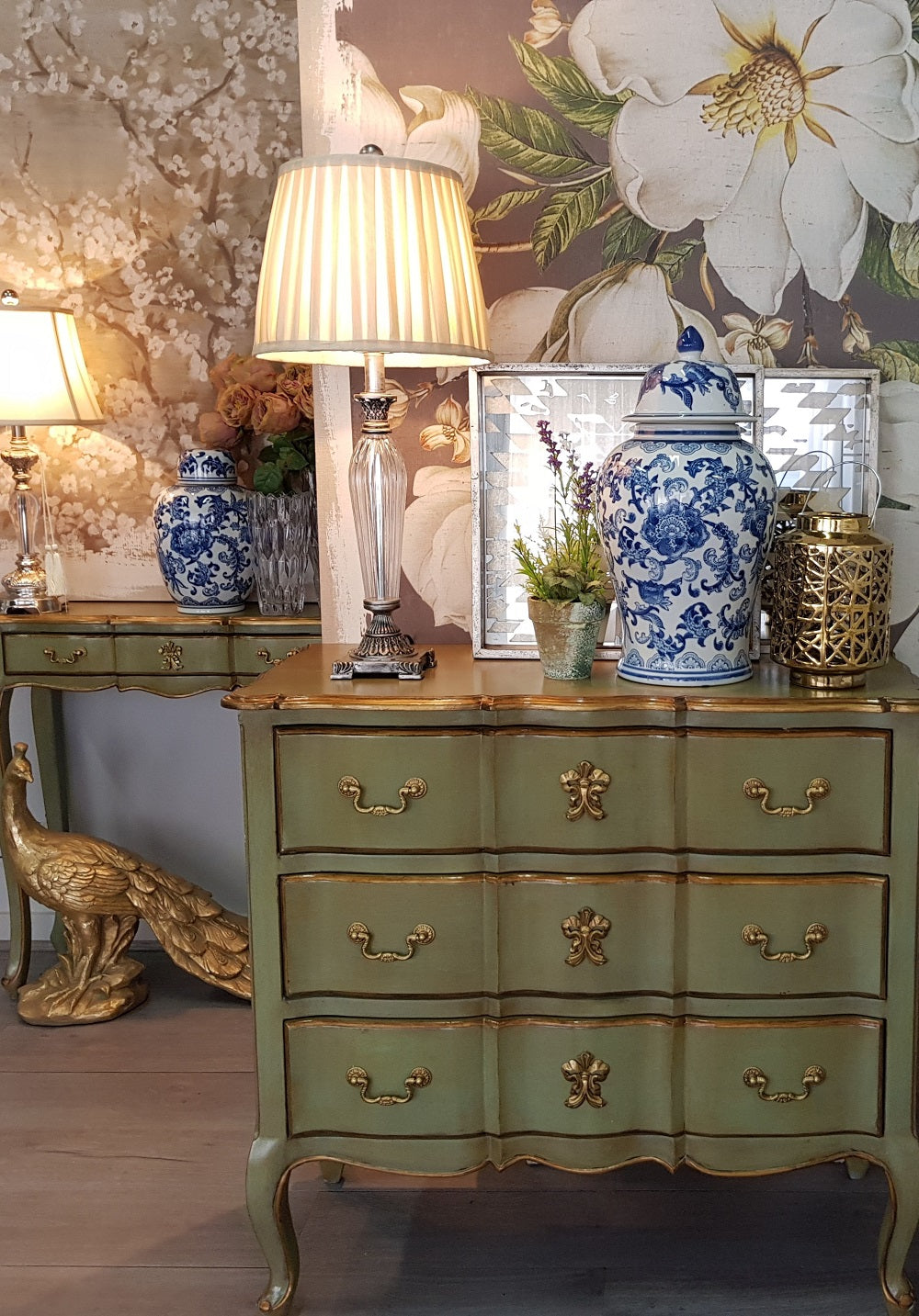 Marie Antoinette French Style Chest of Drawers – Mint Green Gold Accent 90cm