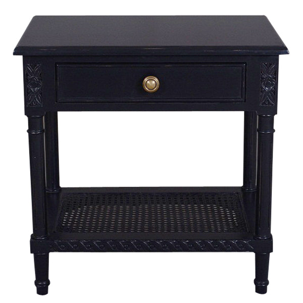 Polo Side Table Black 60cm Bedside Table with Rattan Shelf Coastal Style