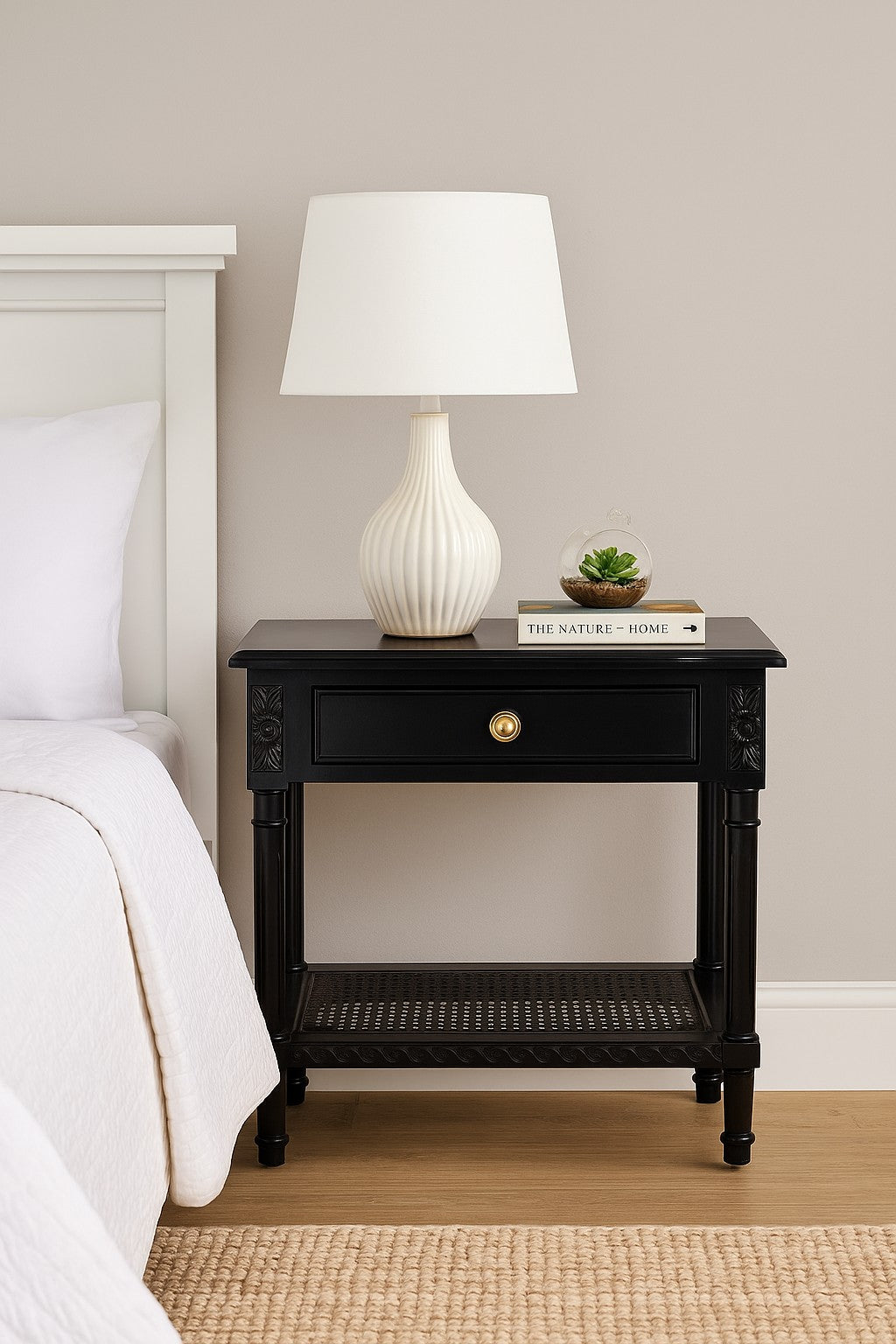 Polo Side Table Black 60cm Bedside Table with Rattan Shelf Coastal Style