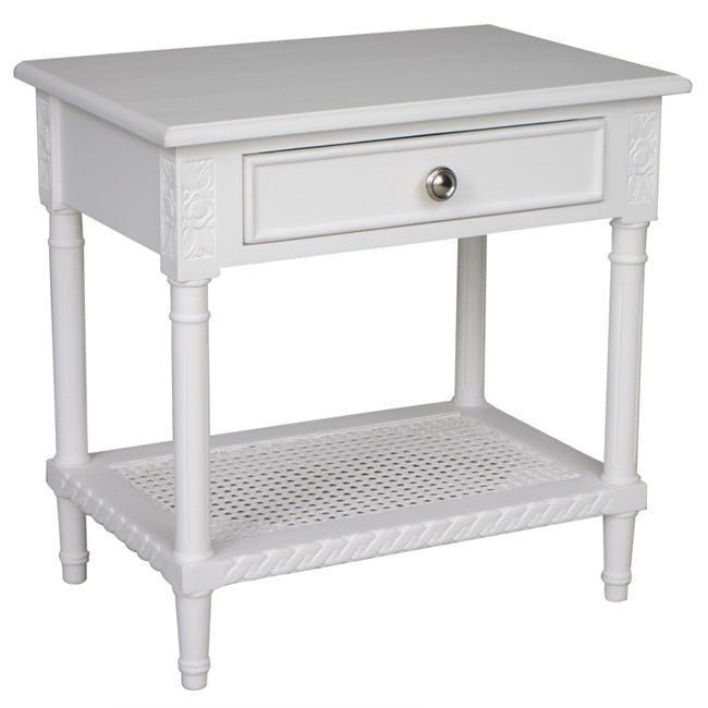 Polo Side Table White 60cm Bedside Table with Rattan Shelf Hamptons Style