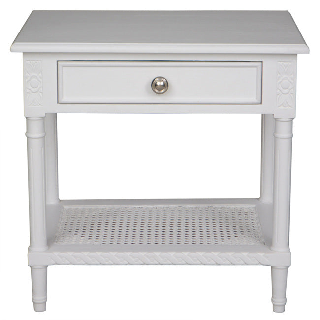 Polo Side Table White 60cm Bedside Table with Rattan Shelf Hamptons Style