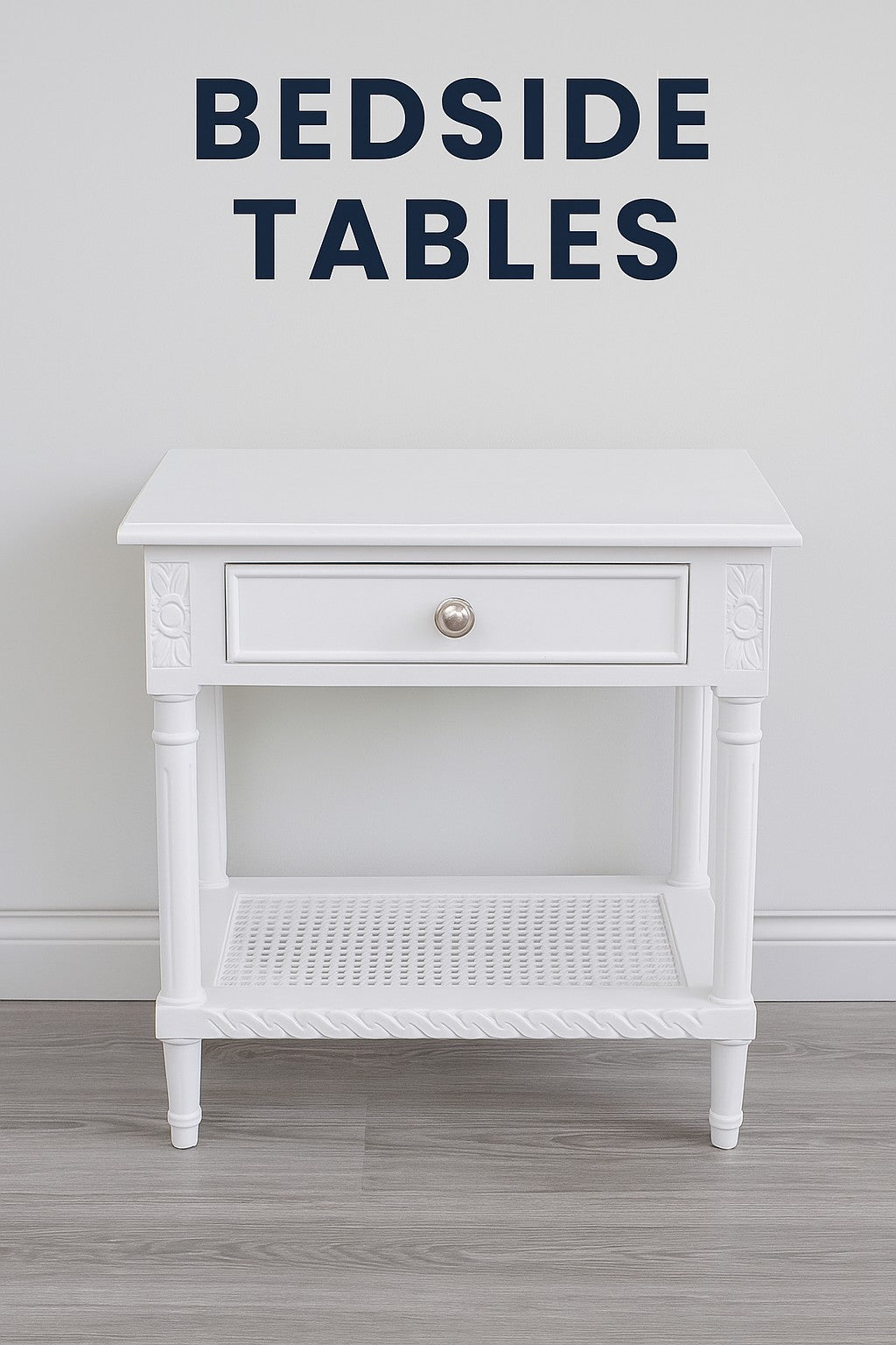 Polo Side Table White 60cm Bedside Table with Rattan Shelf Hamptons Style