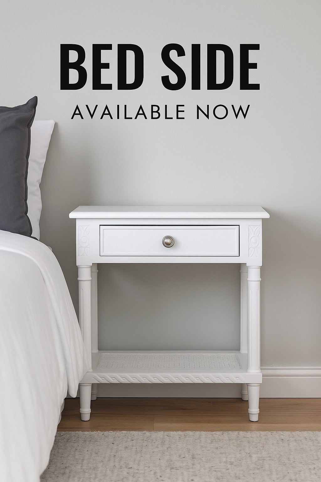 Polo Side Table White 60cm Bedside Table with Rattan Shelf Hamptons Style