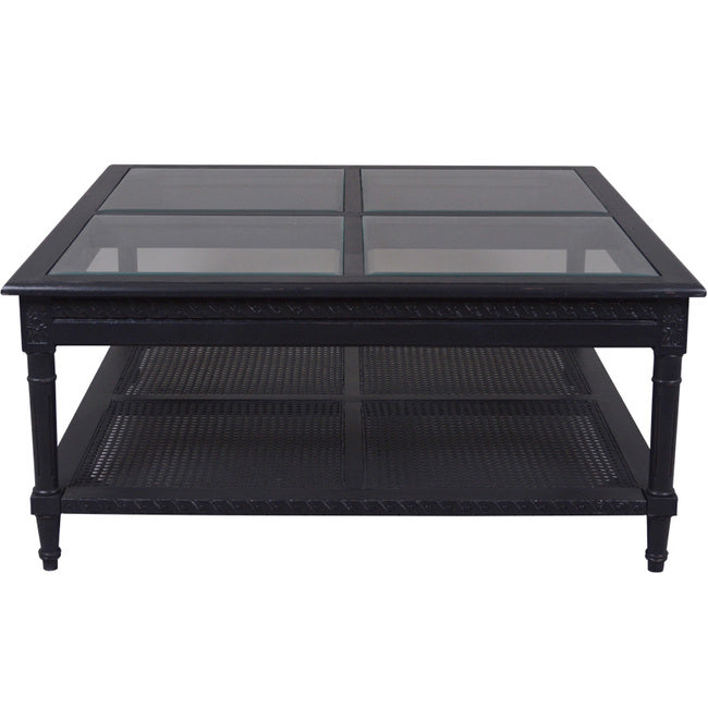 Polo Square Coffee Table Black Flat packed 110. Hamptons style black coffee table with rattan shelf and elegant 4 panel glass top