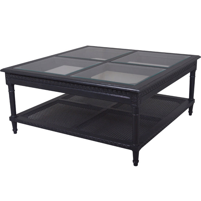Polo Square Coffee Table Black Flat packed 110. Hamptons style black coffee table with rattan shelf and elegant 4 panel glass top