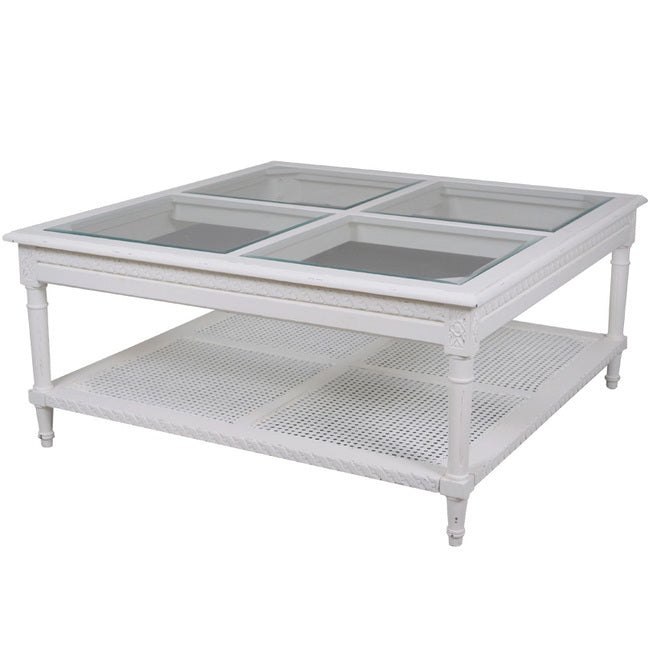 Polo Square White Coffee Table 110cm Hamptons Style Rattan Shelf Glass Top