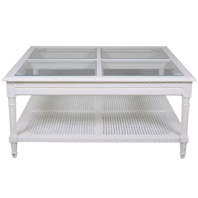 Polo Square White Coffee Table 110cm Hamptons Style Rattan Shelf Glass Top