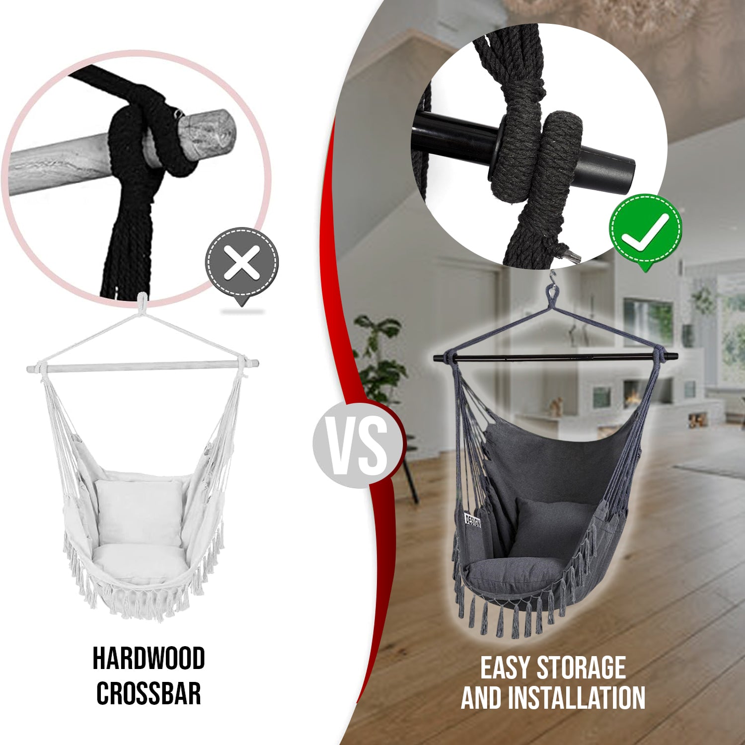 Hivvago Hammock Chair Hanging Rope Swing with Cushions Indoor Outdoor Seat