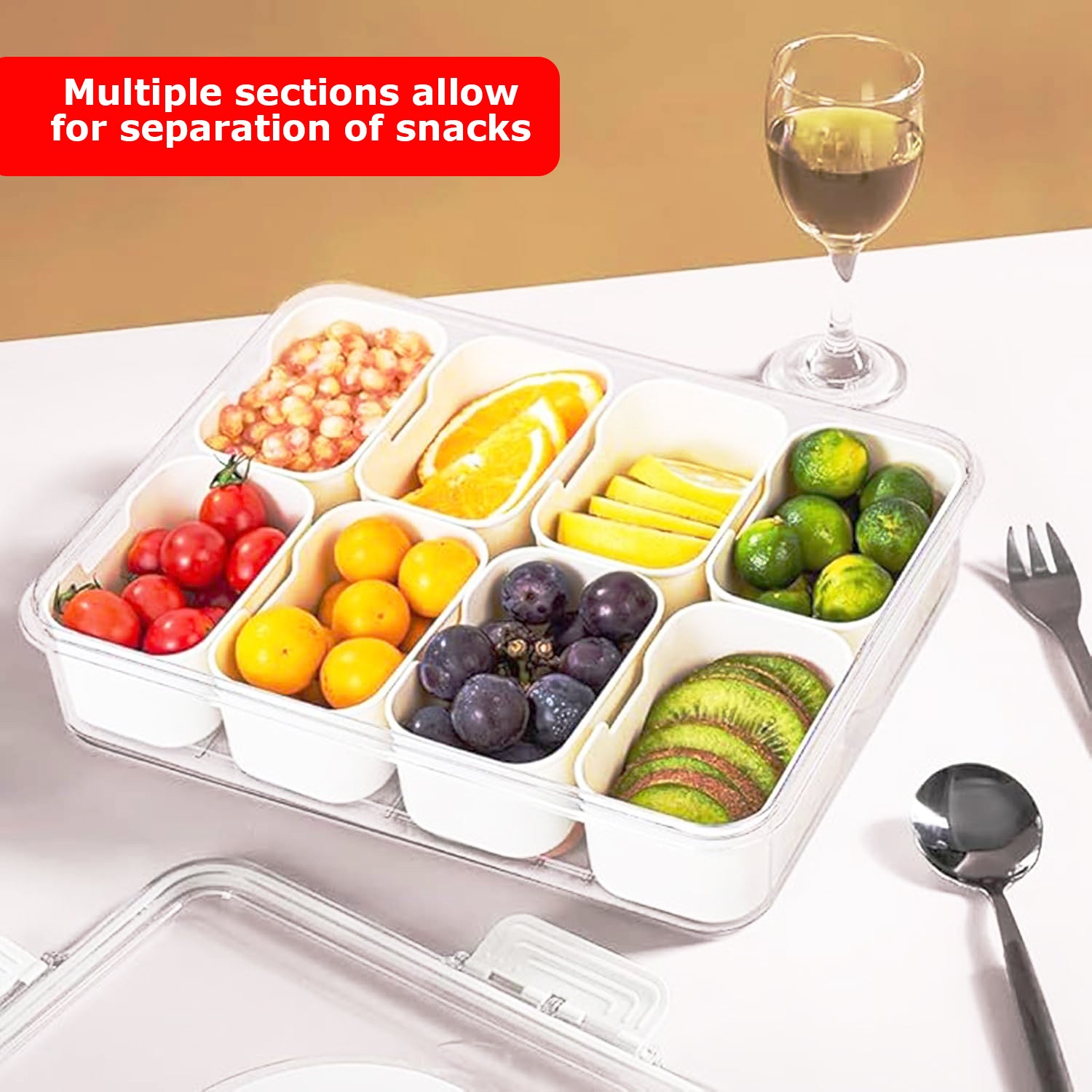 Hivvago Divided Snack Tray – 8-Compartment with Lid & Handle, Cream White