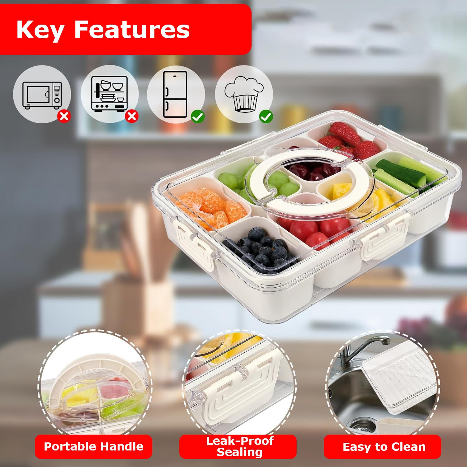 Hivvago Divided Snack Tray – 8-Compartment with Lid & Handle, Cream White