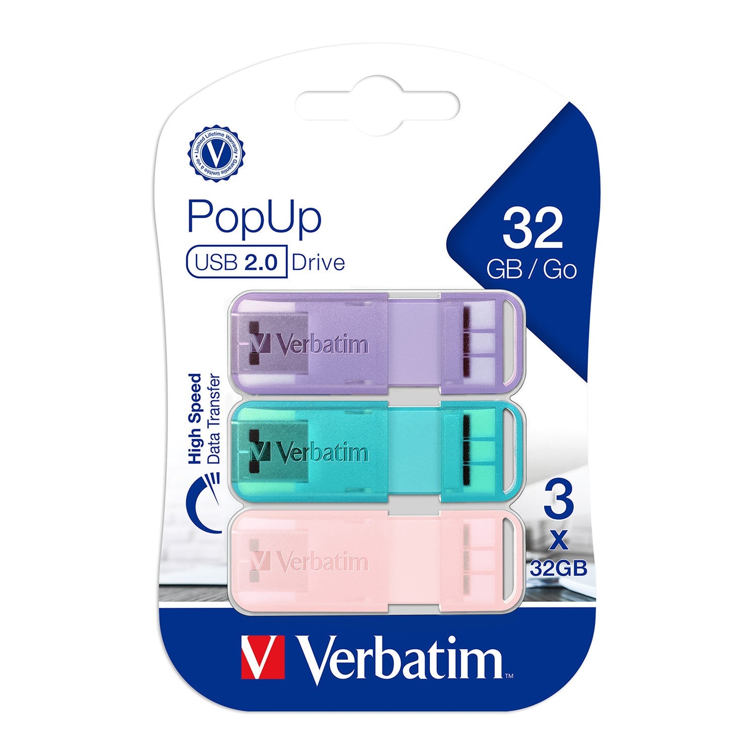 Verbatim Pop-Up USB 2.0 32GB Triple Pack - Assorted Pastel Colours