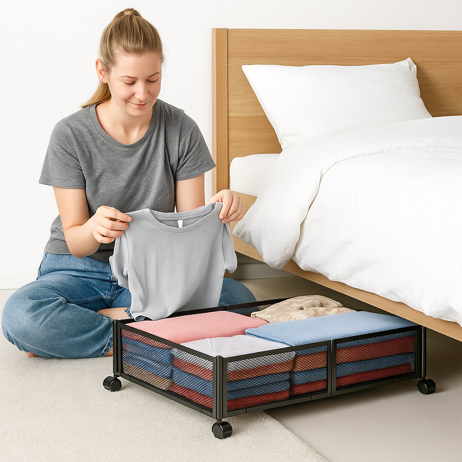 Hivvago Under Bed Storage Organizer with Wheels – Rolling Metal Storage Bin