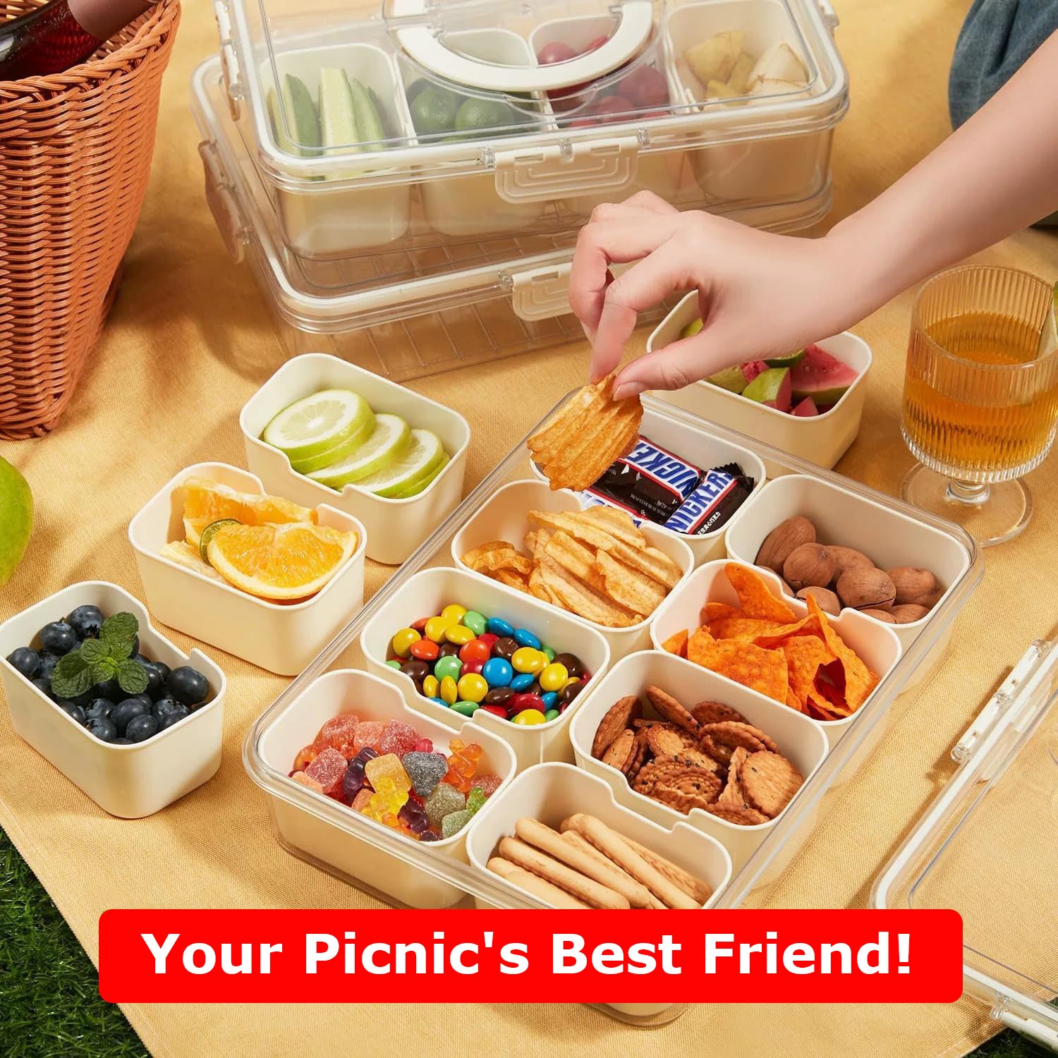 Hivvago Divided Snack Tray – 8-Compartment with Lid & Handle, Cream White