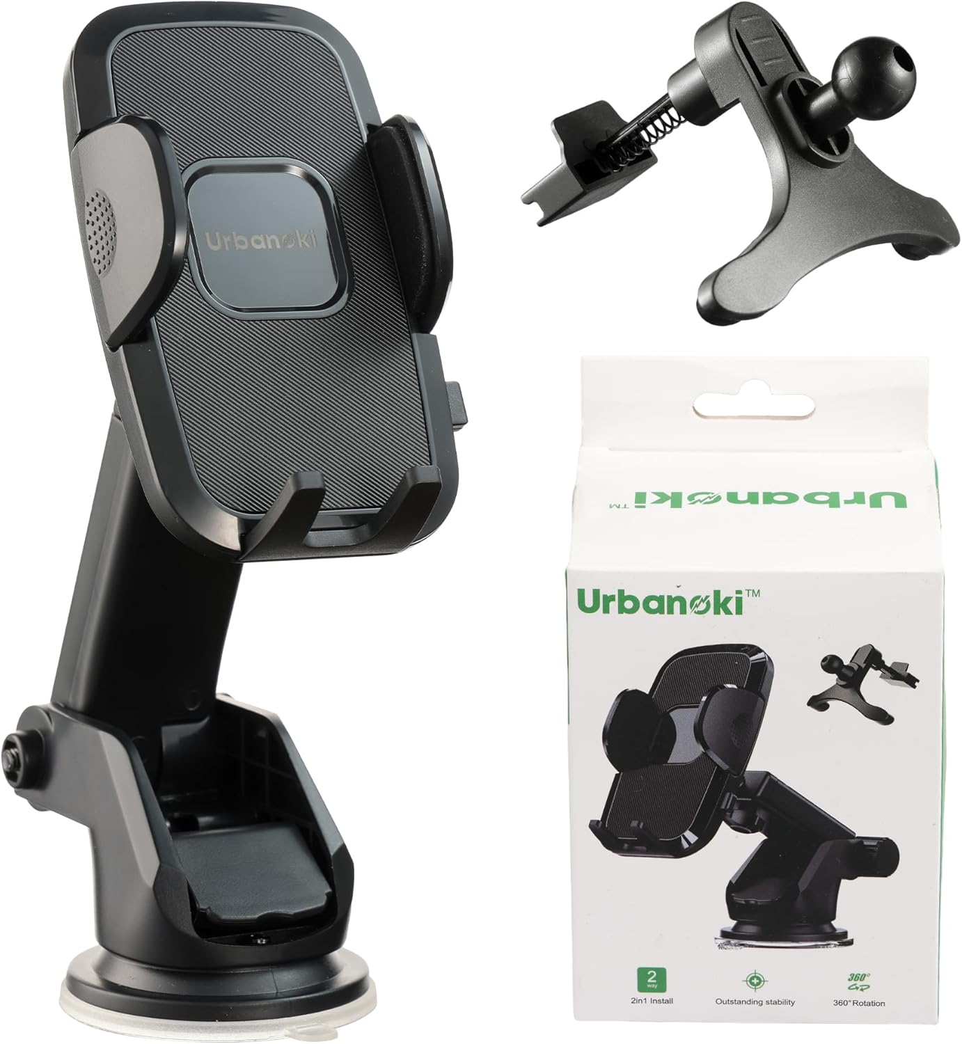 Urbanoki 4 in 1 Car Phone Holder Dashboard Windshield Vent Mount for All Phones - Black