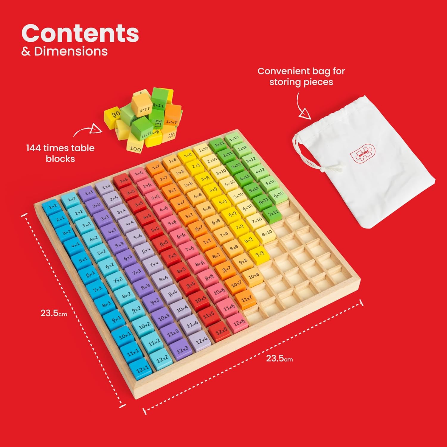 Bigjigs Toys Educational Wooden Times Table Math Learning Tray for Kids