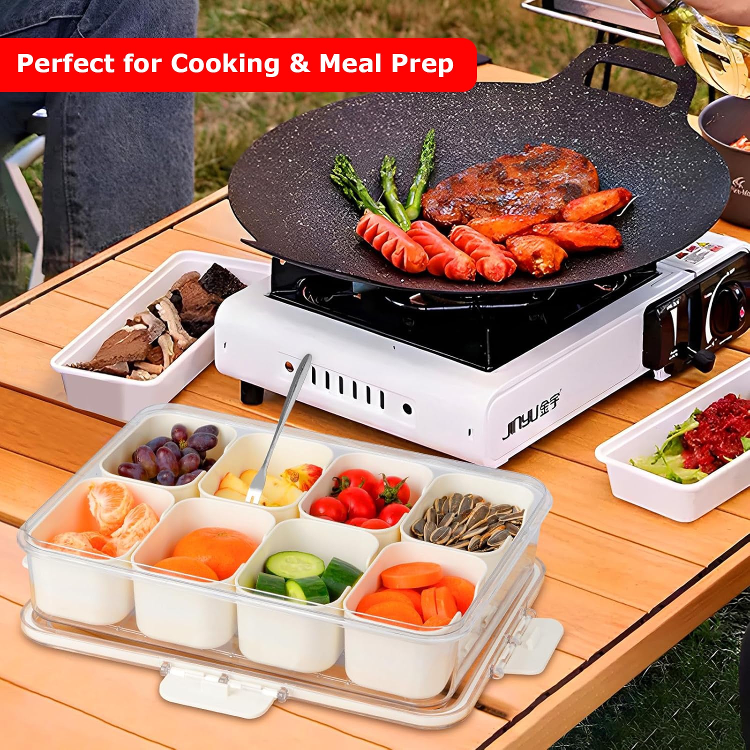 Hivvago Divided Snack Tray – 8-Compartment with Lid & Handle, Cream White