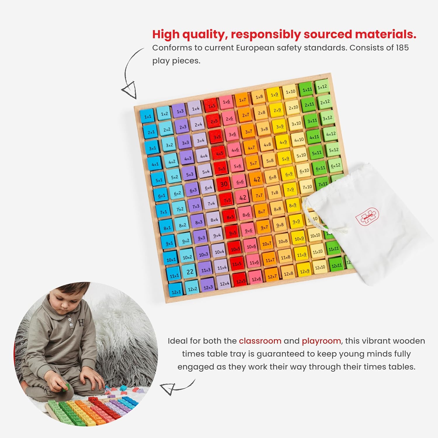 Bigjigs Toys Educational Wooden Times Table Math Learning Tray for Kids