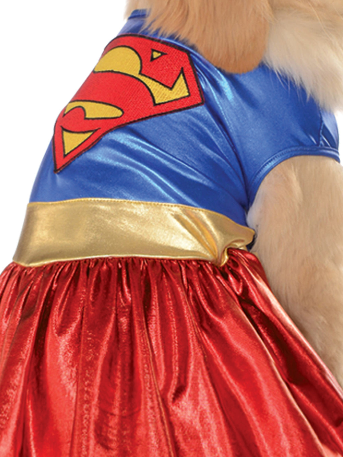 Supergirl Pet Costume Metallic Dress with Logo and Belt Superhero Dog Outfit