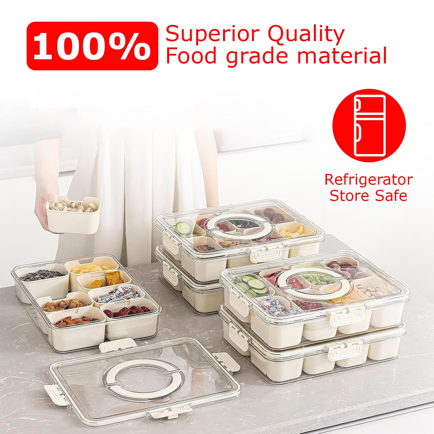Hivvago Divided Snack Tray – 8-Compartment with Lid & Handle, Cream White