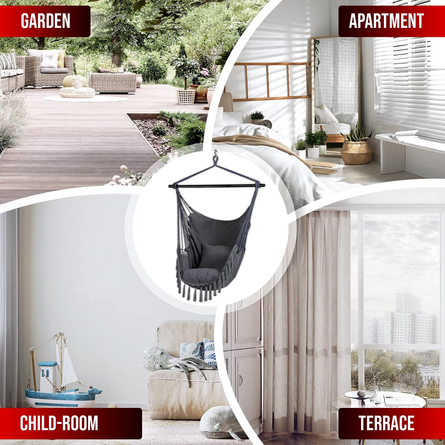 Hivvago Hammock Chair Hanging Rope Swing with Cushions Indoor Outdoor Seat