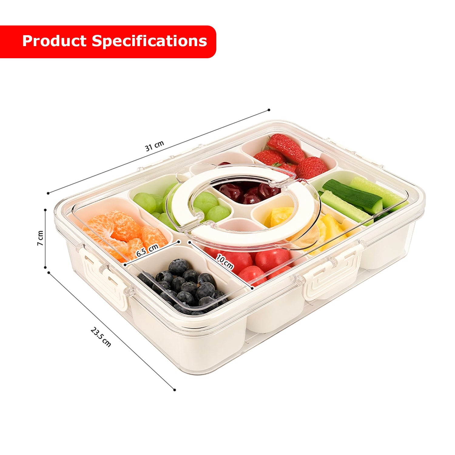Hivvago Divided Snack Tray – 8-Compartment with Lid & Handle, Cream White