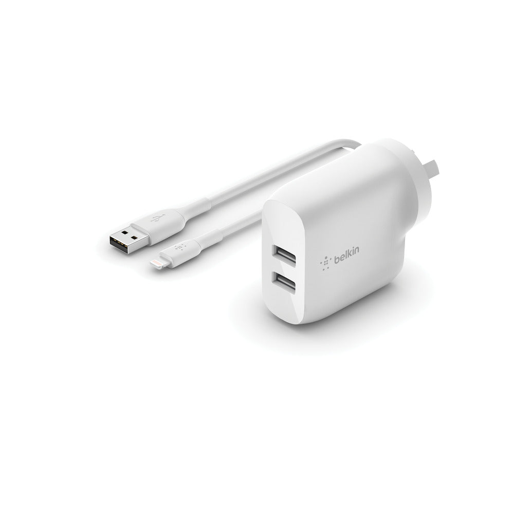 Belkin BOOSTCHARGE Dual USB-A Wall Charger 24W + Lightning to USB-A CableFor Apple Devices - White