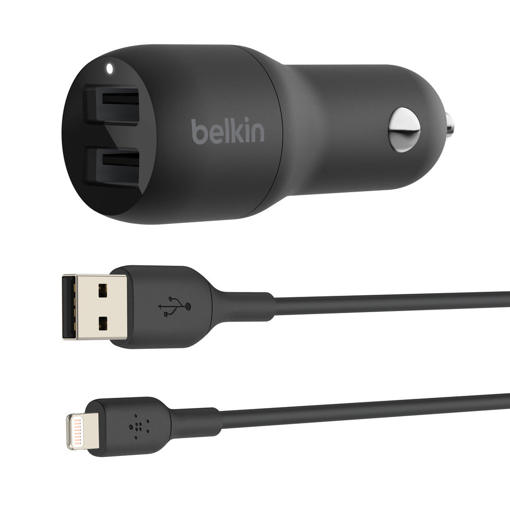 Belkin BoostCharge Dual 24W Car Charger with Lightning CableFor Apple Devices - Black
