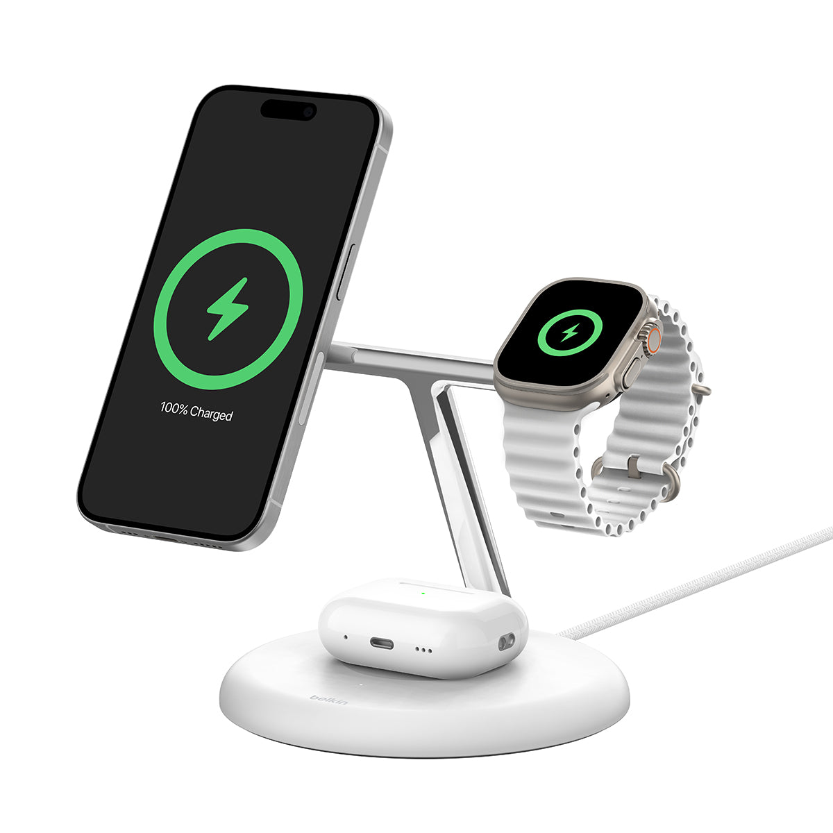 Belkin Boost Charge Pro 3-in-1Magentic Wireless Charging Stand with Qi2 15W - White