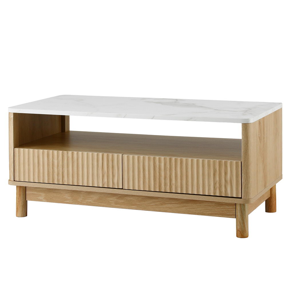 Artiss Coffee Table Drawer Shelf Marble Effect Wood and White