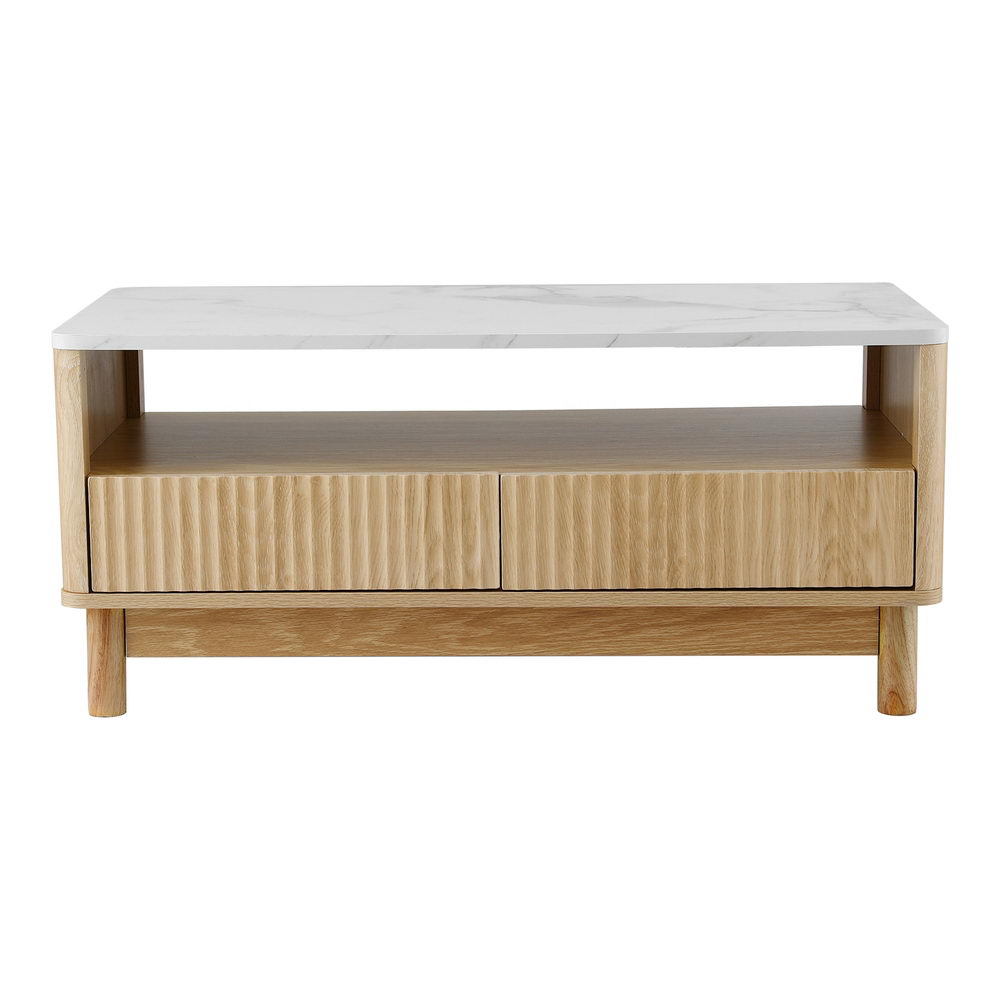 Artiss Coffee Table Drawer Shelf Marble Effect Wood and White