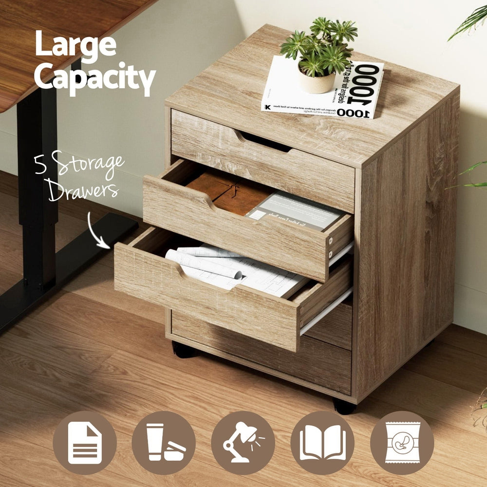 Artiss 5-Drawer Filing Cabinet Mobile Rolling Storage Cabinet Chest of Drawers Stand Scratch Beige